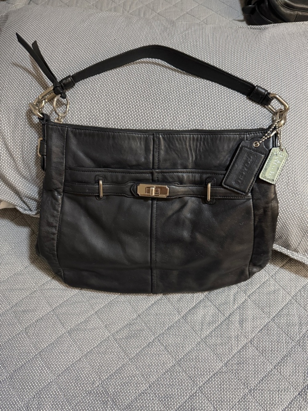 Coach Black Leather Messenger Bag with Silver Hardware